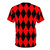 Model wearing a red and black harlequin diamond pattern t-shirt - Back