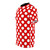 Model wearing a red and white polka dot printed AOP t-shirt - men left
