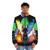 Colorful puffer jacket featuring a mythical rainbow kitsune or fox design - men front