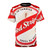 Vibrant red and white striped t-shirt with a bottlecap graphic, perfect for Jamaica and beer fans