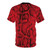 Model wearing a vibrant red t-shirt featuring a realistic snake skin pattern design - Back