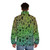 Colorful puffer jacket featuring whimsical cryptid and mythological creature designs - men back