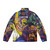 Colorful rainbow puffer jacket featuring children's musical artwork - Back