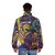 Colorful rainbow puffer jacket featuring children's musical artwork - men back