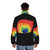A colorful puffer jacket featuring a pattern of rainbow cats, perfect for celebrating LGBTQ pride. - men back