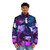 Vibrant 90s-style graphic design puffer jacket featuring Rain World's slugcat character - men front