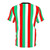 Vibrant red, green, and white striped t-shirt with a bold, graphic design - Back