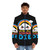 Kawaii "We Are All Gonna Die" puffer jacket with rainbow and cloud design - men front