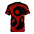 Edgy BDSM-inspired Triskelion design on a red grunge t-shirt