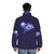 A whimsical puffer jacket featuring a silhouette of the Cheshire Cat from Alice in Wonderland, set against a night sky with stars and the moon. - men back