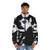 A high-quality puffer jacket featuring a detailed black and white pencil art portrait of a raccoon - men front