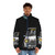 A puffer jacket with a racing-inspired design, featuring car and automotive elements. - men front