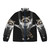 A puffer jacket with a raccoon graphic, perfect for carrying your furry friend.