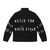 Stylish puffer jacket with "Watch The World Argue" typography design - Back