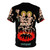 A Tibetan-inspired t-shirt design featuring anthropomorphic furry skeletons dancing amidst fire and death imagery - Back