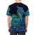 Vibrant and psychedelic t-shirt design featuring a majestic Chinese azure dragon in shades of blue, teal, and aqua against a backdrop of mist and the night sky. - men back
