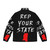 Model wearing a red and blue Missouri state themed puffer jacket - Back