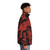 Red puffer jacket with a gothic horror design inspired by Edgar Allan Poe's "The Masque of the Red Death" - men side right