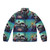 A man wearing a warm, puffer jacket with the "Real Steel" gaming design