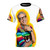 Colorful and vibrant t-shirt design featuring a digital art portrait of actor Jeff Goldblum with the word "Happiness" in a rainbow-inspired pattern.