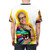 Colorful and vibrant t-shirt design featuring a digital art portrait of actor Jeff Goldblum with the word "Happiness" in a rainbow-inspired pattern. - men back