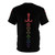 A t-shirt featuring a graphic of rainbow-colored dice and a sword, perfect for fantasy tabletop RPG fans. - Back