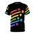 A colorful all-over-print t-shirt featuring a rainbow-hued dice set, perfect for fantasy roleplaying enthusiasts.