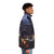 A puffer jacket with a striking volcanic eruption design, featuring lava, fire, and a dramatic landscape. - men side right