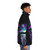 A person wearing a night-themed puffer jacket with a design featuring the colorful aurora borealis and northern lights - men side right