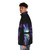 A person wearing a night-themed puffer jacket with a design featuring the colorful aurora borealis and northern lights - men side left