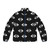 Puffer jacket with bold eye pattern design, model wearing graphic printed puffer coat