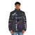 Anime-inspired purple puffer jacket with paisley print and musical instrument graphics - men front
