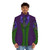 Purple cosplay puffer jacket with joker suit pattern - men front