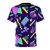 Retro 80s vaporwave bowling aesthetic AOP t-shirt design with colorful shapes and corporate elements