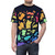 Vibrant illustration of playful cats surrounded by books and rainbows on a t-shirt - men front