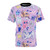 Whimsical t-shirt design featuring an adventure time inspired cat pattern with flowers, sparkles, and a kawaii style.