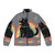 Dog wearing a puffer jacket with Norse mythology inspired design