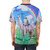 Whimsical graphic t-shirt design featuring a cat riding a llama unicorn in a rainbow-filled sky with UFOs. - men back