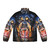 A rottweiler dog wearing a puffer jacket with a funny meme design