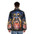 A rottweiler dog wearing a puffer jacket with a funny meme design - men back