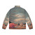 Retro futuristic puffer jacket with digital collage design featuring vintage elements, sci-fi, and surreal nature imagery. - Back