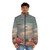 Retro futuristic puffer jacket with digital collage design featuring vintage elements, sci-fi, and surreal nature imagery. - men front