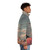 Retro futuristic puffer jacket with digital collage design featuring vintage elements, sci-fi, and surreal nature imagery. - men side right