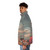 Retro futuristic puffer jacket with digital collage design featuring vintage elements, sci-fi, and surreal nature imagery. - men side left