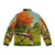 Whimsical puffer jacket featuring country music-themed artwork and a goat in a meadow - Back