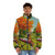 Whimsical puffer jacket featuring country music-themed artwork and a goat in a meadow - men front