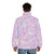 Retro Nintendo-inspired puffer jacket with pastel colors and cute video game graphics - men back
