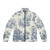 Powder blue puffer jacket with vintage French toile and floral designs