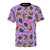 A purple all-over print t-shirt featuring Judge Judy-inspired designs and graphics.