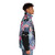 Pastel black velvet puffer jacket with tropical floral design featuring a black cat - men side right
